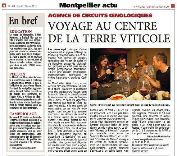 Article dans le journal  Direct Matin sur Monptellier Wine Tours